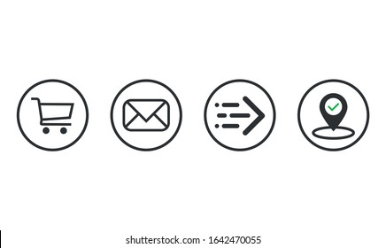 Order delivery status, post parcel package tracking vector icons. Order parcel processing bar, ship, in transit and delivery signs for express courier delivery app and web flat simple icons