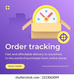 Order Delivery Tracking Time Countdown Open Cardboard Box Web Post 3d Icon Vector Illustration. Commercial Shipment Business Application Postal Navigation Logistic Distribution Cargo Search Check