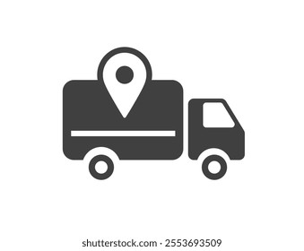 Order delivery truck pick up icon vector with map pin pointer sign symbol simple graphic pictogram silhouette, shipment dispatch location logo, freight cargo van destination image clip art 