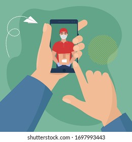 Order delivery from your phone. Delivery man with box during the prevention of coronovirus, Covid-19. Courier in a face mask with food. Safety home delivery. Flat vector illustration