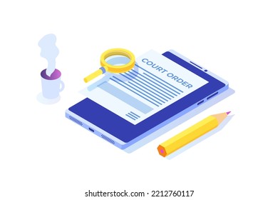Сourt order document, Law and justice concept. Legislation,  Legal advice online. Vector illustration.