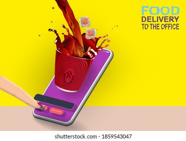 Order drinks in the mobile app on your phone screen. Vector banner