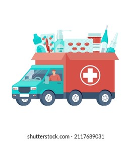 Order drugs delivery. Flat modern vector illustration for web site design, banner, landing page. Pills and medicaments delivery. E-commerce illustration concept.