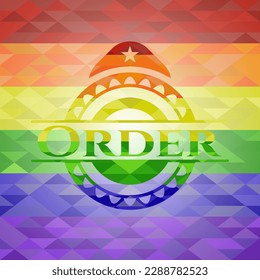 Order emblem on mosaic background with the colors of the LGBT flag. 