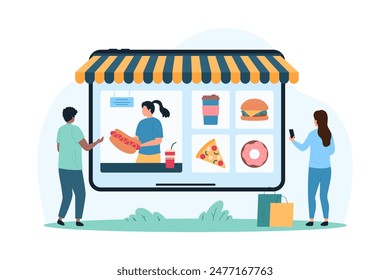 Order fast food in mobile app. Girl on tablet screen selling hot dog with mustard to tiny customer, people choose category of product for purchase with smartphone cartoon vector illustration