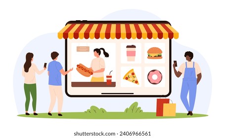 Order fast food online, delivery and service. Tiny people select takeout meals and drink online in cafe or restaurant, friends use mobile app in tablet with canopy cartoon vector illustration