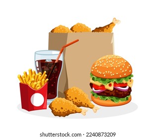 Order in fast food restaurant vector illustration. Cartoon drawing of drumsticks in paper bag, hamburger, soda, French fries in box isolated on white background. Junk food, diet, nutrition concept