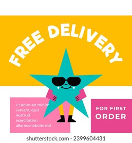 Order first time and get free delivery offer from shop or store. Products and goods with reduction, special deal from mall. Promotional banner, advertisement and promo. Vector in flat styles
