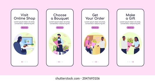 Order flowers onboarding mobile app screen flat vector template. Walkthrough website 4 steps with characters. Creative floral shop UX, UI, GUI smartphone cartoon interface, case prints set