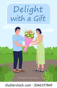 Solicitar flores para la plantilla de vector plano de póster actual. Descanse con un regalo. Folleto, folleto diseño de un concepto de página con personajes de dibujos animados. Volante de servicio de floristería, folleto con espacio para copiar