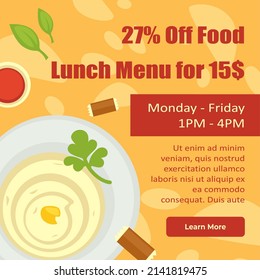 Order food with 27 percent off price, cheap lunch menu in restaurant or cafe. Breakfast or dinner, tasty dishes with healthy ingredients. Website or web shop, landing page template, vector in flat