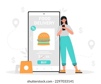 Order food concept. Woman with smartphone buys hamburger and fastfood. Online shopping in cafe and home delivery. Electronic payment and transaction. Cartoon flat vector illustration