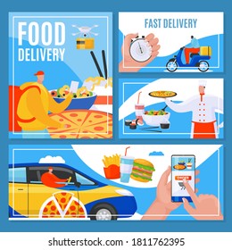 Solicite el servicio de entrega de alimentos en línea, banners planos de acceso rápido a la puerta y una ilustración vectorial. Courier entregando comida de restaurante. Cocina de chef y repartidor en auto, haciendo pedidos por teléfono.