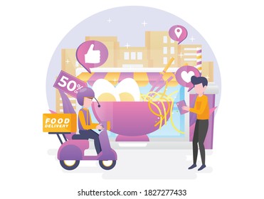 Order food or drink using the app and send it through the driver. Vector illustration