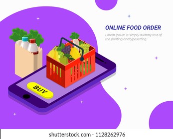 Order food, grocery online from app by smart phone. Fast delivery. Isometric vector of groceries, bucket, smart phone. Can be used for advertisement, infographic, game or mobile apps icon. 