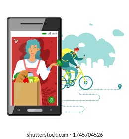 Order food, grocery online from app by smart phone. Fast delivery. Orders and food deliveries. Abstract background of the city.