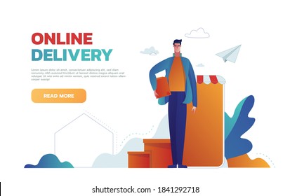 Order food, grocery online from app by smart phone. Fast delivery. Isometric vector of groceries, bucket, smart phone. Can be used for advertisement, infographic, game or mobile apps icon