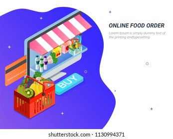 Order food, grocery online from website by computer. Fast delivery. Isometric vector of grocery store, bucket, computer. Can be used for advertisement, infographic, game or mobile apps icon. 