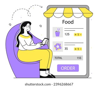 Order food internet outline concept. Woman with smartphone. Onlne shopping and buying takeaway and fast food. Electronic commerce. Linear flat vector illustration isolated on white background