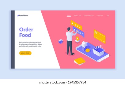 Order food landing page template. Vector illustration of man reading comments while using smartphone to order food online near link and description. Isometric web banner, landing page template