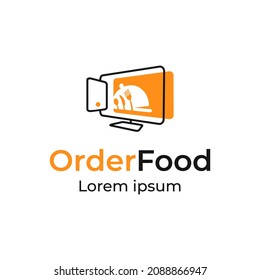 Order food logo design. Smartphone and computer screen vector illustration. Food delivery app.