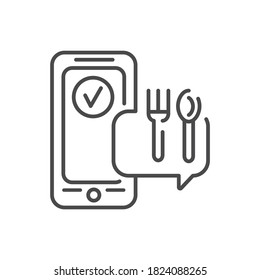 Order food mobile application in smartphone black line icon. Pictogram for web page, mobile app, promo. UI UX GUI design element. Editable stroke