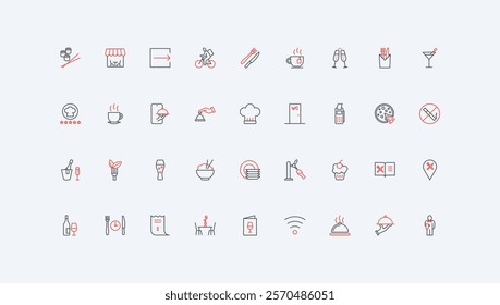 Order food on restaurant menu and delivery, waiters tray and chefs hat line icon set. Fork and knife to serve dinner and lunch, plate, table thin black and red outline symbols vector illustration