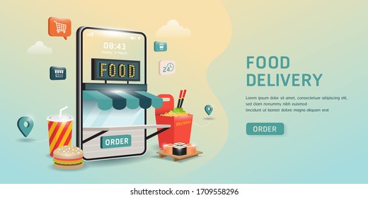 pide comida en un smartphone. tienda en línea de aplicación por móvil. Concepto de comercio electrónico. Infografía de pedidos de comida en línea.