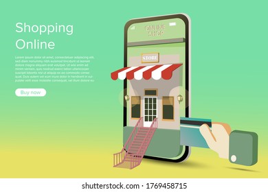 Order food on a smartphone. Grocery online from app by mobile. E-commerce concept. Online order infographic.