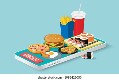 Pide comida en un smartphone. Comprar en línea. Marketing moderno y marketing digital. comercio electrónico. concepto de promoción de tiendas en línea. Ilustración vectorial 3D