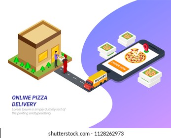 Order food online from app by smartphone. Fast food pizza delivery. Isometric vector of delivery boy outside destination, smartphone, pizza store app and delivery vehicle. 