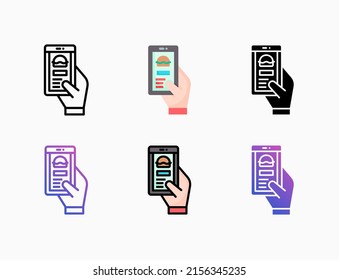 Order Food online app smartphone mobile hand icon set with line, outline, flat, filled, glyph, color, gradient. Editable stroke and pixel perfect. Used for digital product, presentation, print design.