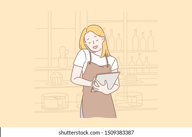 Order food online concept. Young happy businesswoman takes an order from a customer or makes an order from a supplier. Start of working day. Simple flat vector.