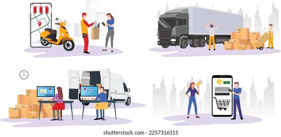 Online bestellen, Lieferverwaltung im Logistiklager, einfache und praktische Verwendung von Kreditkarten, Logistik-Lieferverfahren über den Transport, Vektorgrafik-Flavour-Illustration