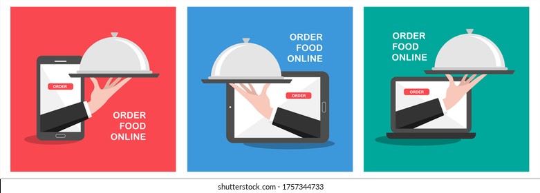 Order food online, Food delivery and E-commerce concept. Hand holding food tray for serving via mobile phone, tablet and laptop. Flat vector design of cloud kitchen.