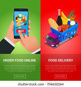 Order food online. Delivery service. E-commerce concept order fast food online. Hand holding smartphone with food and button on screen.