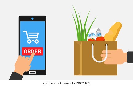 Order food online. Grocery delivery flat vector illustration.