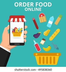 Order food online. Hand holding smartphone with basket full of food on the screen. Beside basket with selected food. Flat vector illustration.