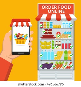 Order food online. Hand holding smartphone and basket with food on the screen. Nearby refrigerator with selected food. Flat vector illustration.