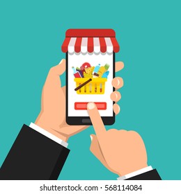 Order food online. Hand holding smartphone with food basket on the screen. Flat vector illustration.