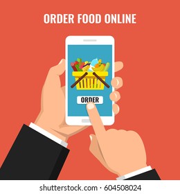 Order food online. Hand holding smartphone with food basket on the screen. Flat vector illustration.