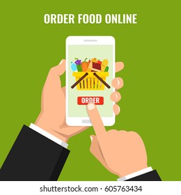 Order food online. Hand holding smartphone with food basket on the screen. Flat vector illustration.
