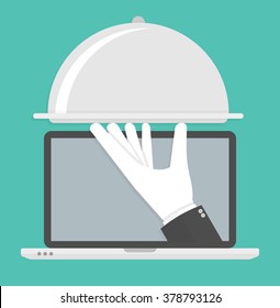 Order food online icon concept. Hand holding silver cloche on a laptop screen. Vector illustration in flat style 