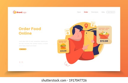 Order food online illustration for food mobile app user interface on landing page