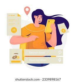 Order food online with illustration of a woman checking the cost of a food order