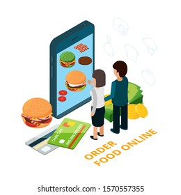 Order food online isometric vector illustration. Man and woman choose food with phone app