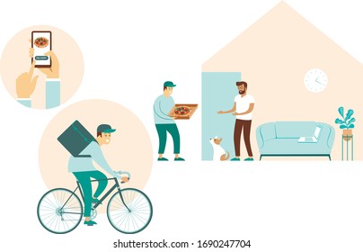 Order food online. mobile app for restaurant delivery. Flat vector concept for ready to eat food delivery during quarantine. Self isolation 