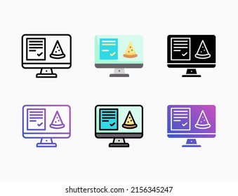 Order food online with monitor web app icon set with line, outline, flat, filled, glyph, color, gradient. Editable stroke and pixel perfect. Used for digital product, presentation, print design, ui.
