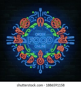 Order Food Online neon sign. Set of different groceries icons on a brick background. Stock vector illustration.