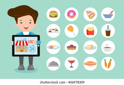 Order food online, online ordering and fast food delivery service, Network and delivery,business restaurant concept, searching for recipes, ordering food online,vector illustration